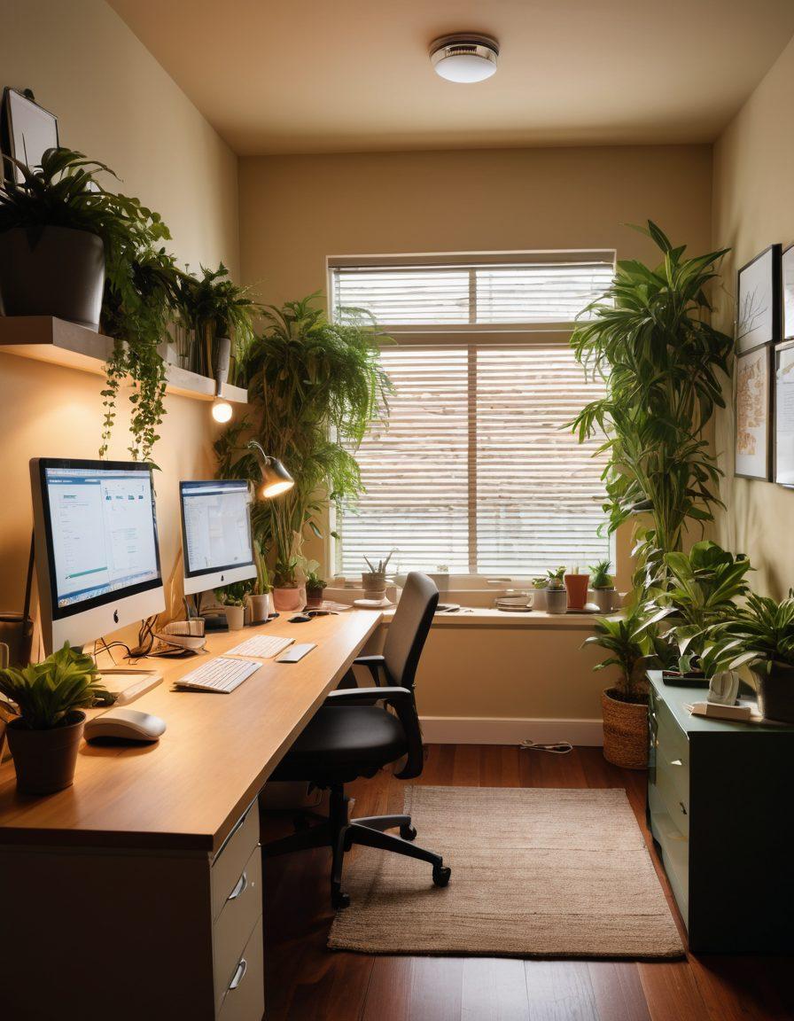 A serene landscape featuring a calm, inviting office space with a desk cluttered with easy-to-use tech gadgets and organized paperwork related to ticket resolution. Include soft lighting creating a warm atmosphere, a relaxed person happily managing their fines on a computer, with charts displaying user-friendly options on a screen. Surround with plants for a refreshing touch. super-realistic. vibrant colors. warm tones.