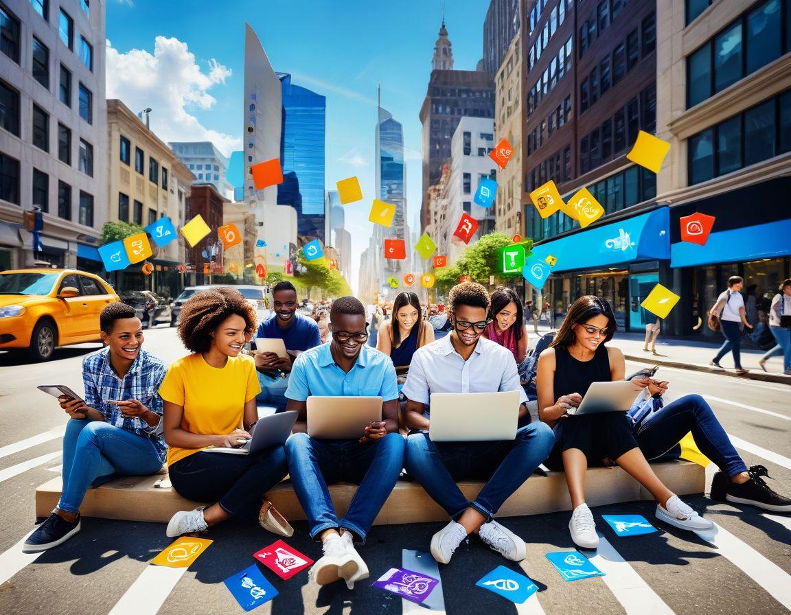 A serene scene depicting a diverse group of people happily engaging with their laptops and smartphones, surrounded by floating icons of payment methods like credit cards and digital wallets. In the background, a calm city street with traffic signs and light symbols hinting at the theme of traffic citations, all under a bright sunny sky. The atmosphere is friendly and optimistic, symbolizing problem-solving and satisfaction. super-realistic. vibrant colors.
